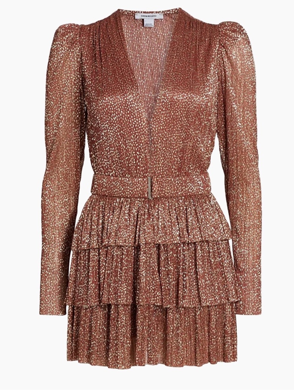 Sabina Musayev Brown Metallic Ruffle Long-Sleeve Dress Sz medium $398